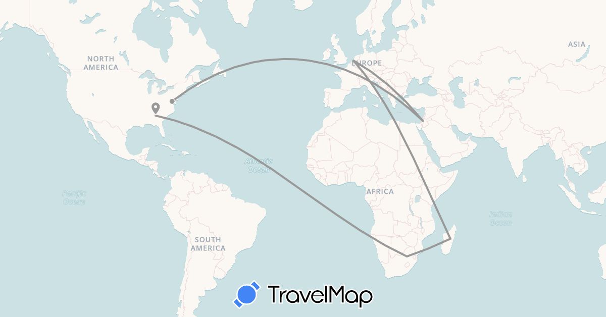 TravelMap itinerary: driving, plane in Israel, Madagascar, Netherlands, United States, South Africa (Africa, Asia, Europe, North America)